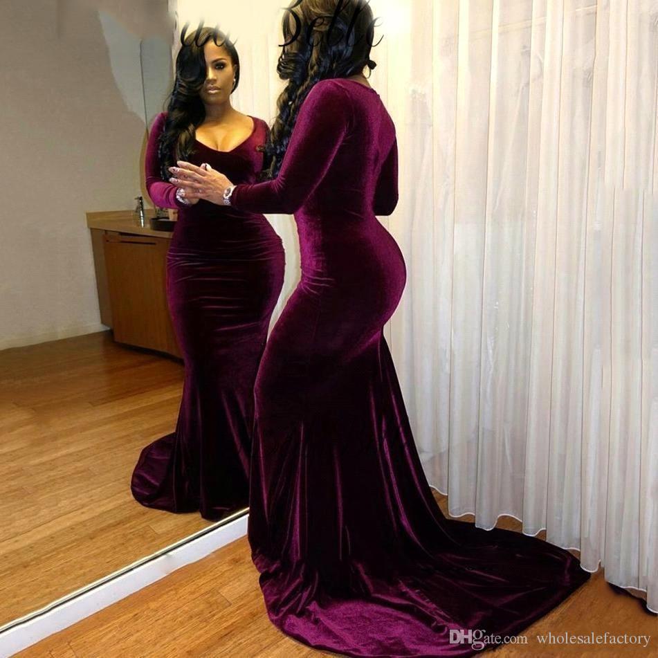 2018 Black Girls Long Sleeves Velvet Mermaid Prom Dresses Deep V Neck Sweep Train Formal Party Evening Gowns Ba7708 Unique Prom Dresses Uk Western