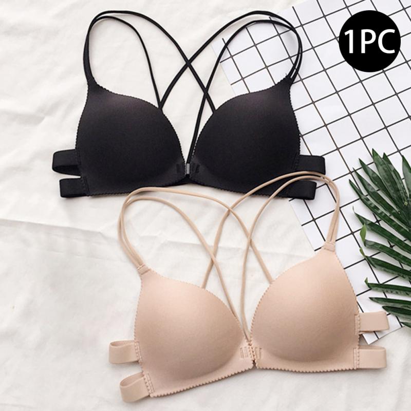 

Women Back Beautify Ladies Front Closure Wire Free Fashion Bra Sexy Padded Lingerie Bralette Gather Push Up, Black