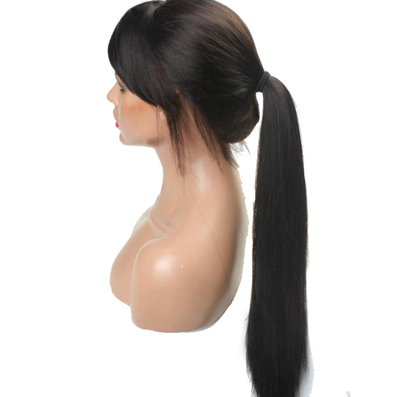 

Silky Straight Lace Front Wig with Full Bangs Ponytail Brazilian Virgin Human Hair Full Lace Wigs for Women Natural Color, #4