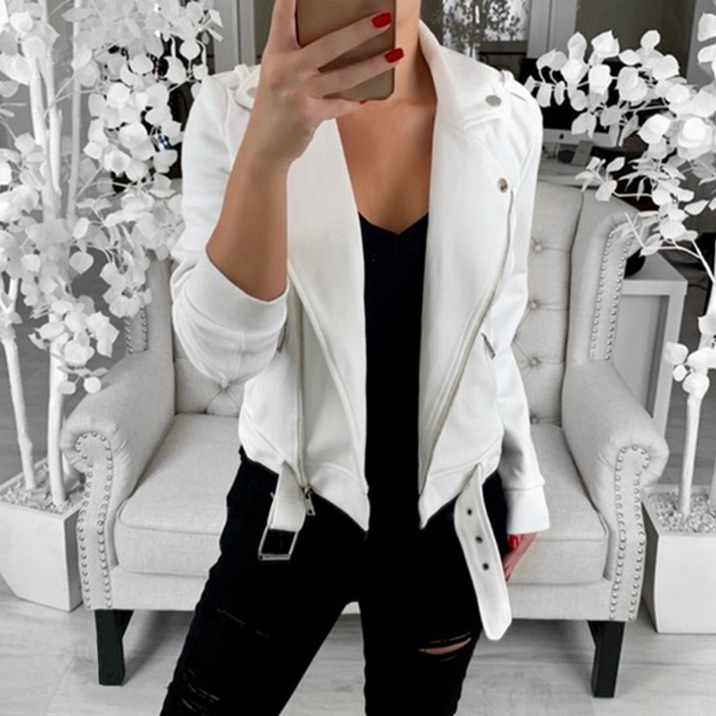

LITTHING Autumn Women Black Slim Cool Lady Jackets Sweet Female Zipper Femme Outwear Plus Size Coats Long Sleeve Basic Jackets, White