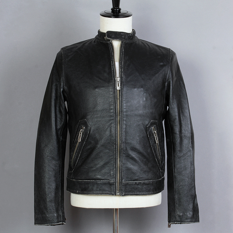 

Casual 2020 Vintage Genuine men Black Cowskin Short Stand Collar Motorcycle Biker Jacket Real Leather Coat