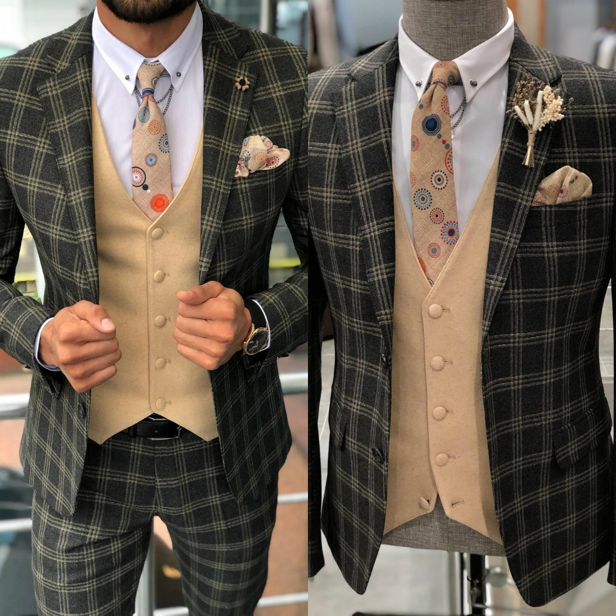 

2020 Two Piece Wedding Tuxedos Notched Lapel Two Button Formal Men Suits For Wedding Check Pattern Custom Made Bridegroom Suits, Khaki