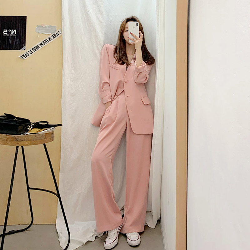 

Suit 2020 New Korean Version Was Thin Casual Fashion Net Red Pink Small Suit Wide Leg Pants Temperament Two-piece Female, Two-piece set