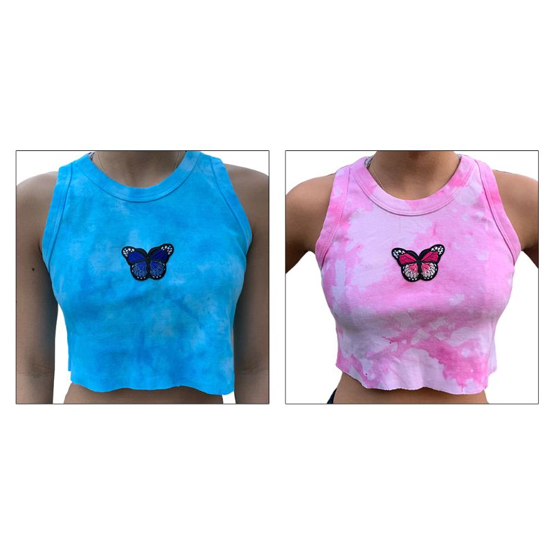 

Women Sleeveless O-Neck Tank Crop Top Casual Female Tie-Dye Print Butterfly Embroidered Sweet Mini Slim Vest Summer Streetwear, Blue