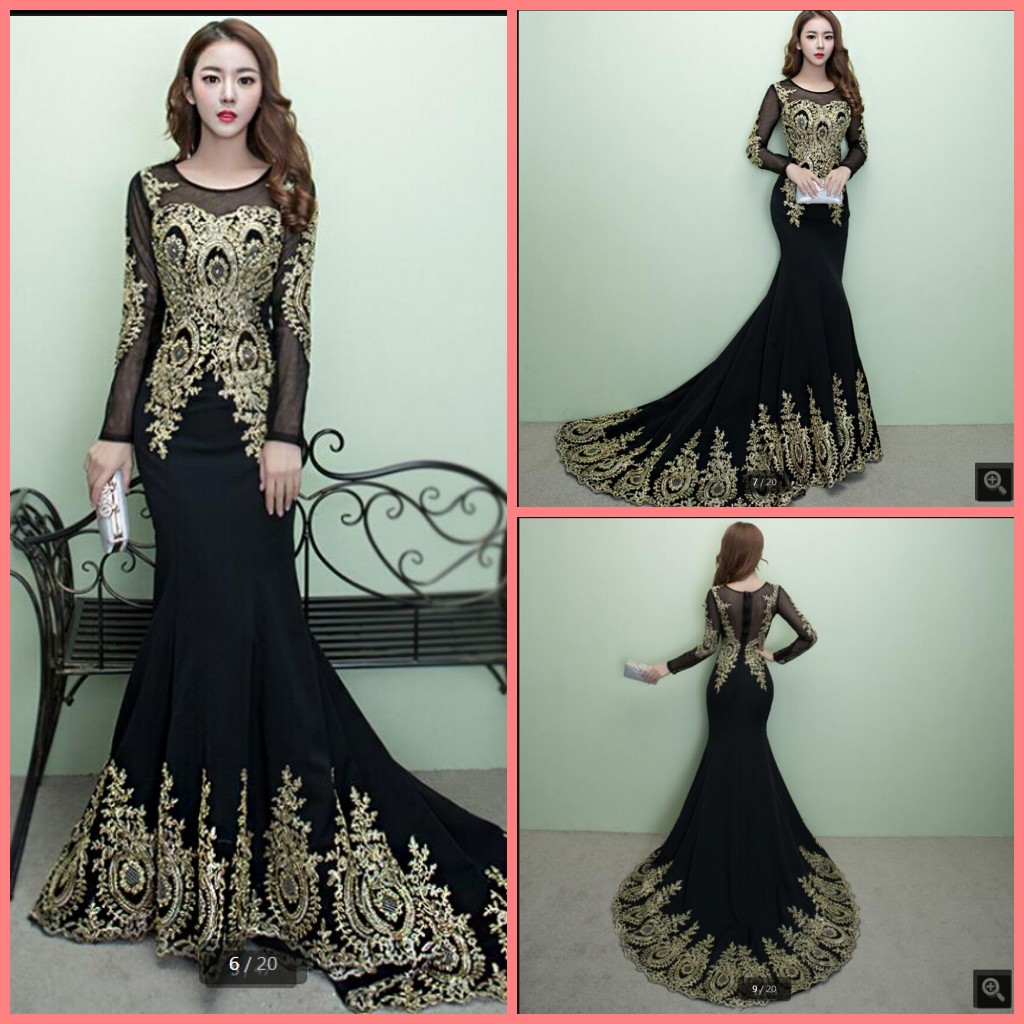 

Vestido De Festa black gold lace appliques modest evening dresses long sleeve sheer back sexy court train muslim women prom evening gowns, Burgundy