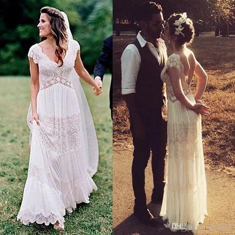 

Vintage Boho Beach Wedding Dresses V Neck Cap Sleeves Floor Length Lace Bohemian Bridal Gowns A Line Backless Country Wedding Dress Custom, Custom made from color chart