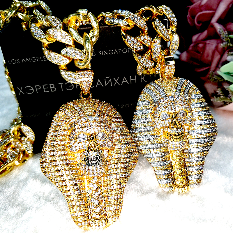 

Hot 24K Gold & Silver Iced out Pendant Egyptian Pharaoh copper Crystal Zircon Diamonds Necklace Vacuum Plated Jewelry pop Necklace