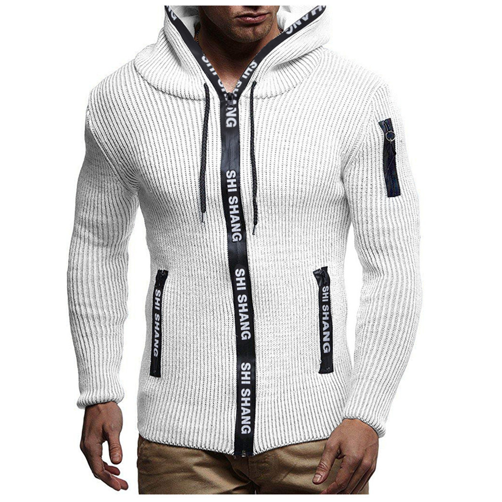 

Autumn Winter Men Knitted Jackets Letter Print Hooded Zipper Sweaters For Man Casual Male Fashion Hoodies Slim Fit Sweatercoat, Black