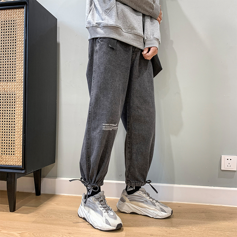 

Special wholesale new men's jeans summer new tooling jeans men's street loose light blue beam pants super-fire nine-point pants, Beige