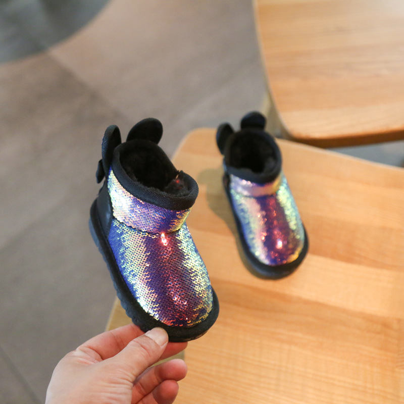 

2019 Winter Camouflage Sequins Girls Snow Boots Toddler Shoes 1-3 Years Old Baby Cotton Shoes Bling Infant Girl, Black