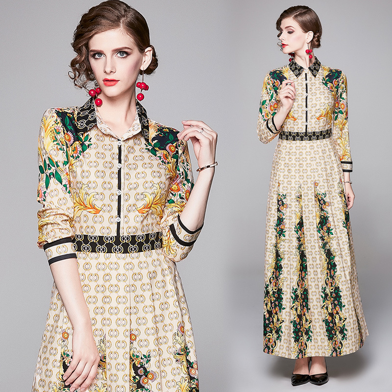 

New Spring Summer Fall Runway Vintage Floral Print Collar Long Sleeve Empire Waist Women Ladies Casual Party A-Line Maxi Beach Luxury Dress, Black;gray