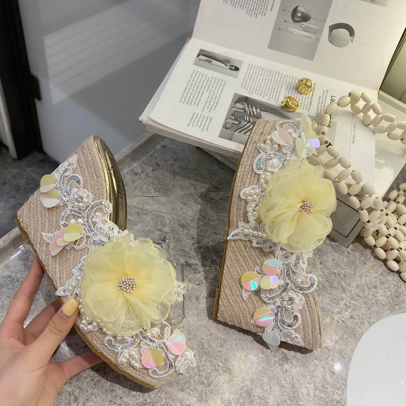 

Thick Bottom Slippers Women's Summer Fashion Outer Wear 2020 New Style Flower High Heel Slanted Heel Transparent Slipper, Silver