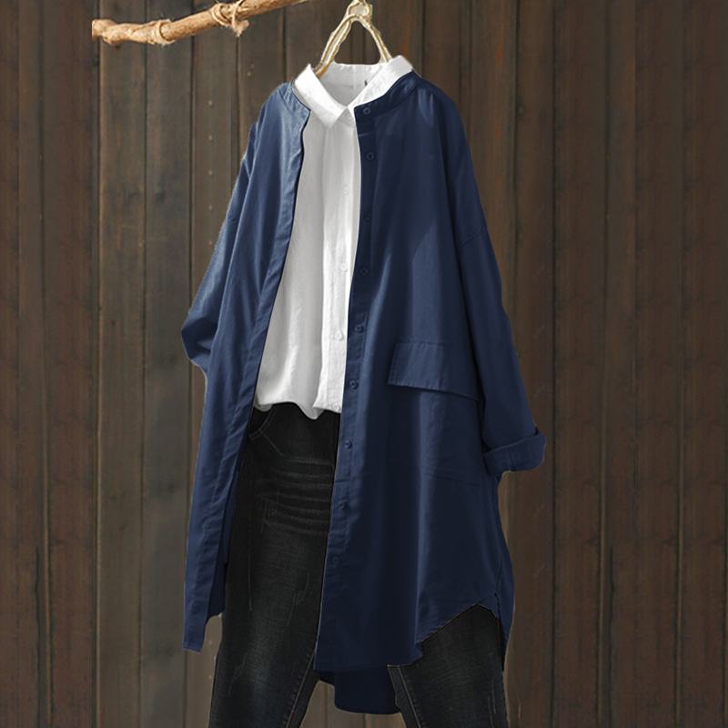 

2020 Spring Long Sleeve Blouse ZANZEA Vintge Work Tunic Tops Solid Long Shirt Vestidos Women Stand Collar Cotton Chemise Blusas, Yellow