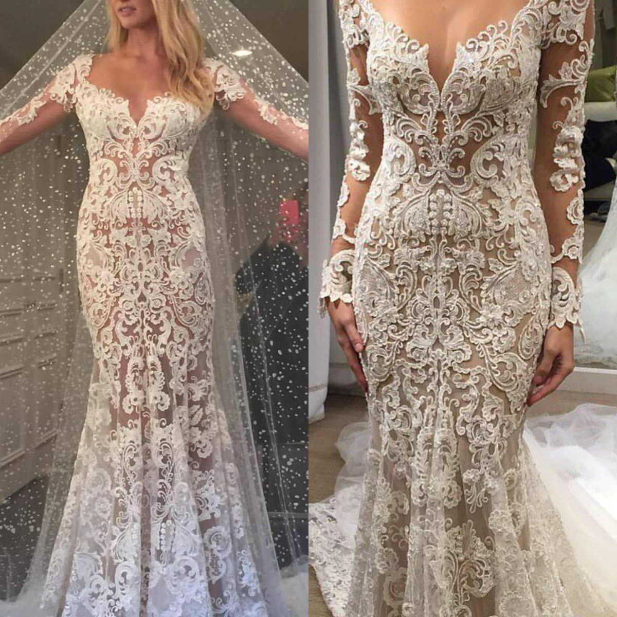 

2019 Berta Mermaid Wedding Dresses with Long Sleeves Sheer Neck Lace Illusion Bridal Dresses Sexy Vintage Custom Made Wedding Gowns, Silver
