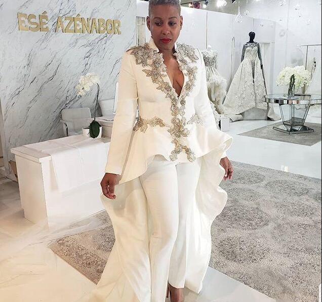 

2019 White Women Jumpsuits Evening Dresess Beaded lace Long Sleeves Deep V Neck Prom Dress Custom Made Sweep Train Formal Party Gowns, Red