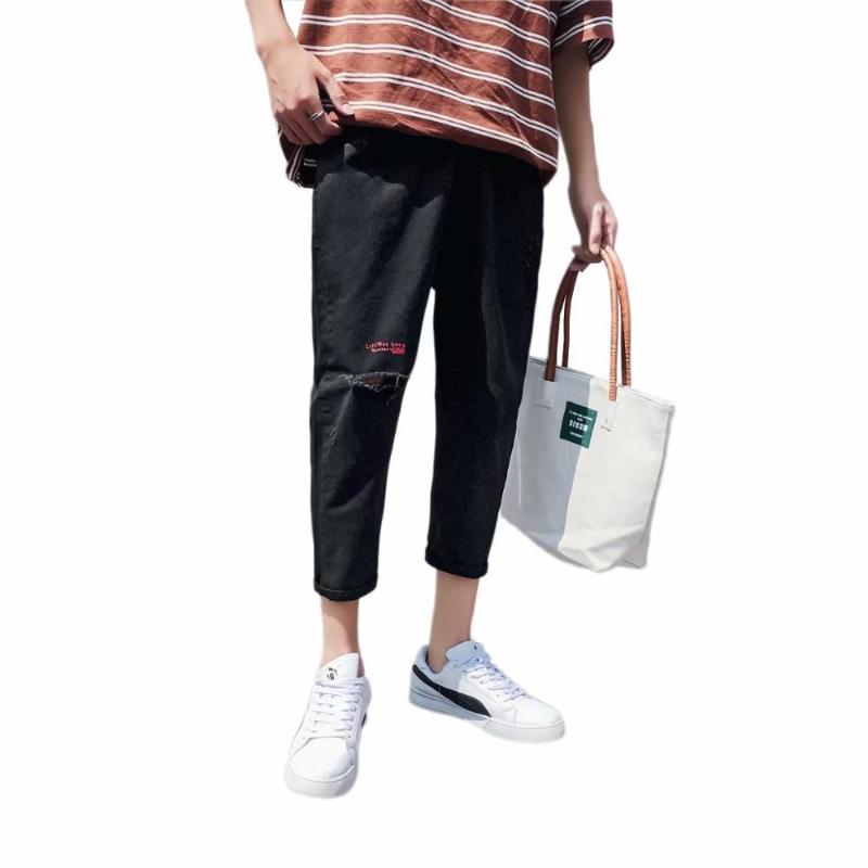 

Teenagers spring summer 2020 fashion trend hole print students pants male Korean Harem loose student wild casual denim jeans, Black