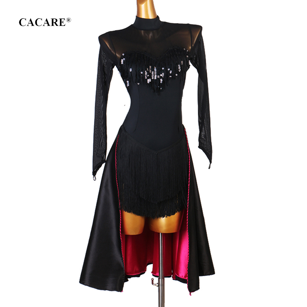 

2020 Latin Dance Dress Women Latina Salsa Latin Dance Competition Dresses Fringe CHEAP Customize D0166 Split Hem Sequins, Black
