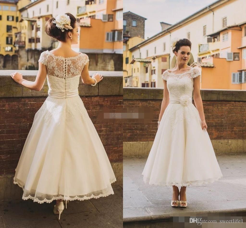 

2019 50s Style Retro Vintage Wedding Dresses Illusion Neck Cap Sleeves Lace Beads Buttons Short Ankle Length Sash Organza Cheap Bridal Dress, White