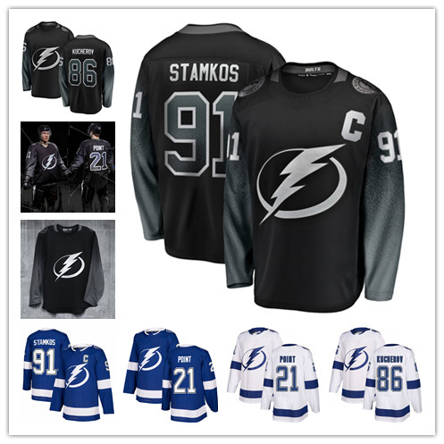 

2019 New Third Black 86 Nikita Kucherov Jersey 91 Steven Stamkos 21 Brayden Point Men Tampa Bay Lightning Hockey Jerseys White Blue, 21 brayden point white