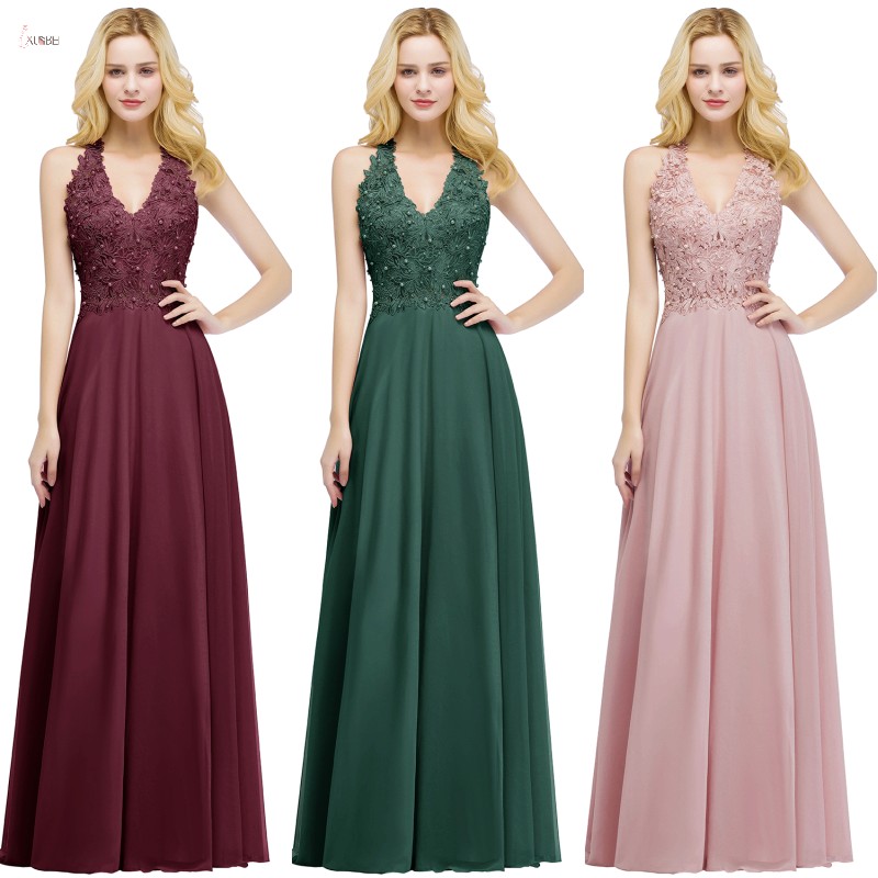 

Dusty Pink Lace Appliqued Beaded A-line Bridesmaid Dresses Cheap V Neck Backless Prom Evening Gown Formal Pageant Wedding Guest Gown CPS912