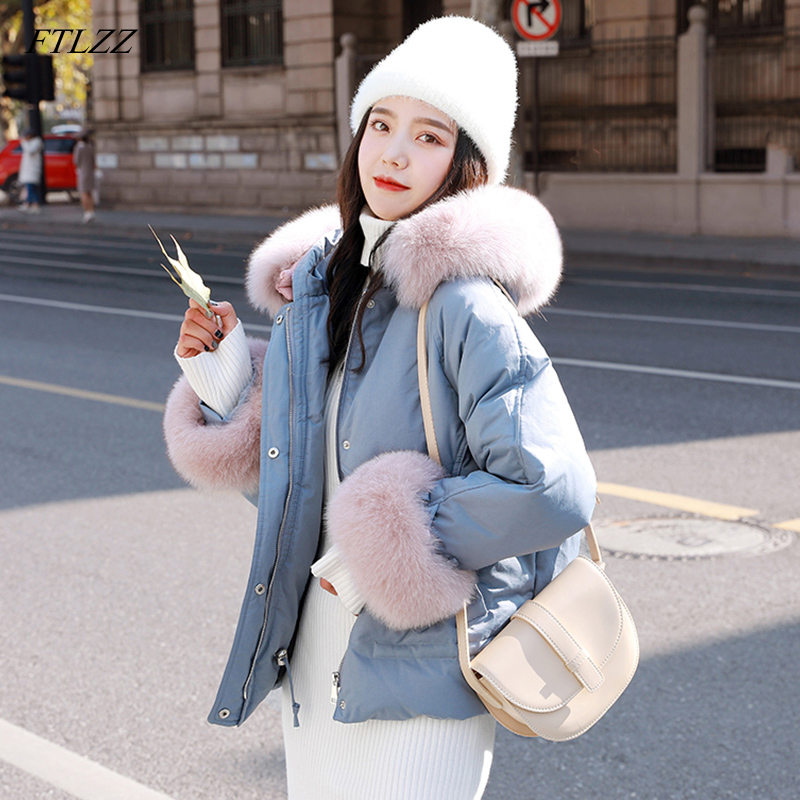 

Fitaylor 2019 Winter Jackets Women Duck Down Large Natural Fur Short Coat Hooded Parkas Female Slim Snow Outwear, Beige