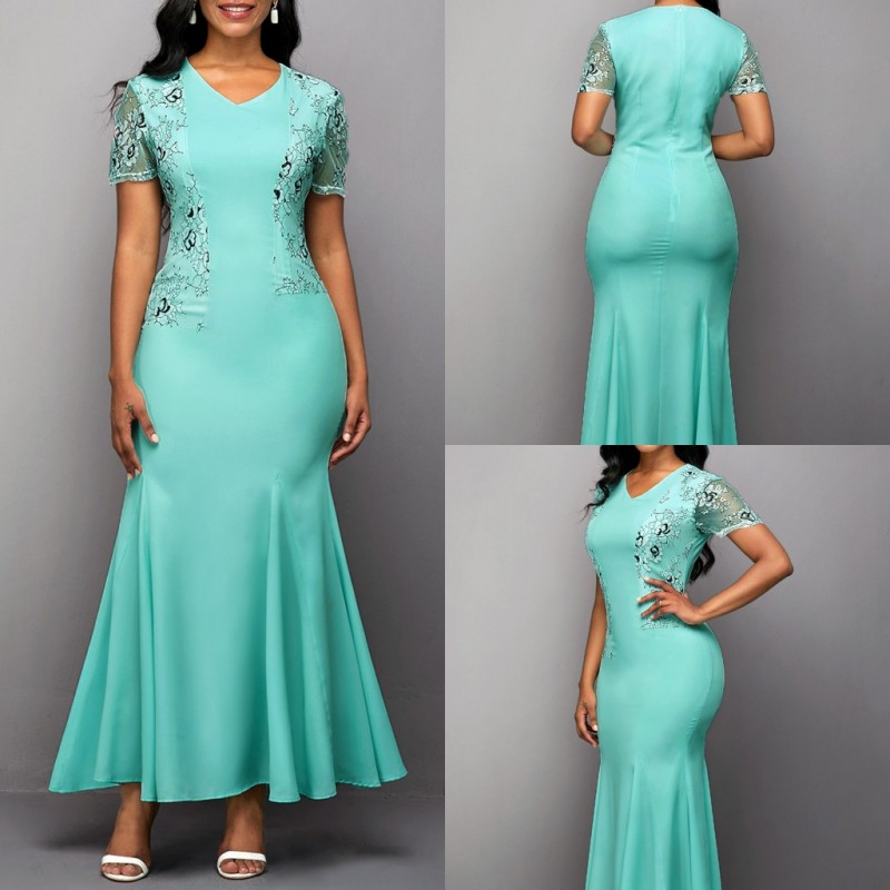 

2020 Royal Mermaid Mother of The Bride Dresses Satin Applique Plus Size V Line Wedding Guest Dress Short Sleeve Elegant Evening Gowns