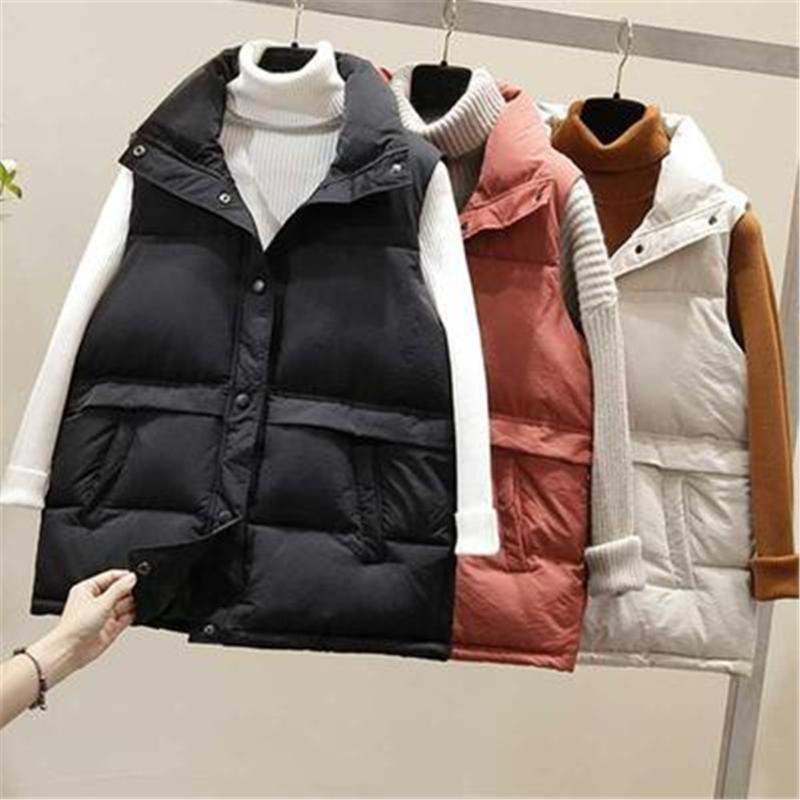 

2020 Women Sleeveless Vest Winter Warm Plus Size 2XL Down Cotton Padded Jacket Female Vest Mandarin Collar Sleeveless Waistcoat, Beige