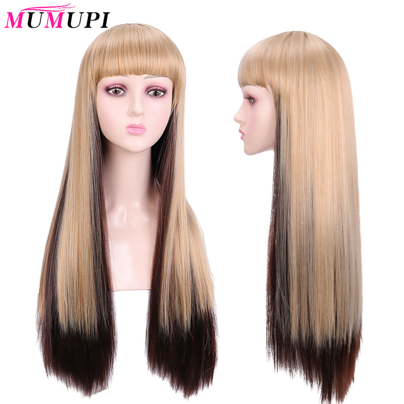 

MUMUPI Long Straight Synthetic Wig with Bangs Blonde Ombre Brown Wigs for Black Women Cosplay Heat Resistant Hair, T1b/613