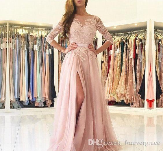 

2019 Cheap Side Split Pink Prom Dress Sexy Lace Applique Formal Holidays Wear Graduation Evening Party Gown Custom Made Plus Size