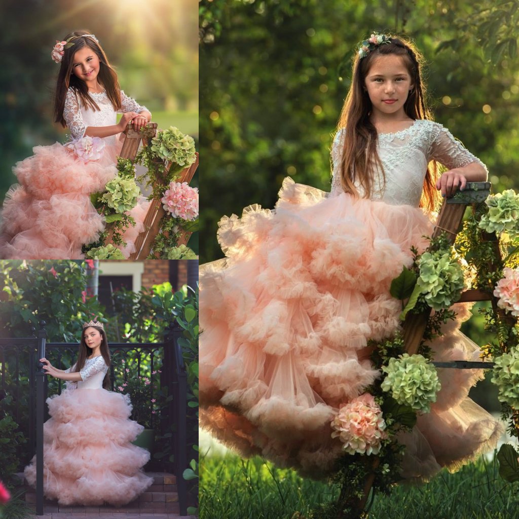 

2020 Flower Girls Dresses Jewel Neck 1/2 Sleeve Beads Ruffles Appliques Tulle Pageant Dresses Floor Length Girls Party Gowns, Hunter