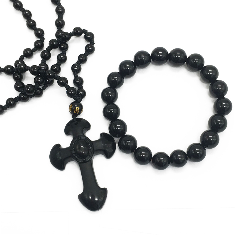 

WENDYFO New Fashion Natural Stone Cross Necklace For Men Hand Carved Pendant Adjustable Beads Necklace Male Jewelry Gift