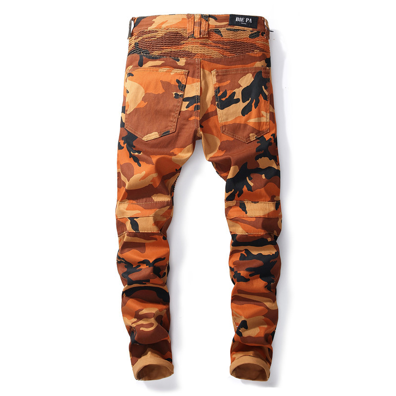 

2020 New Men's Ocher camouflage Slim Long Pants Patchwork Casual Jeans Men Style Tight Pockets Multi-zip Streetwear
