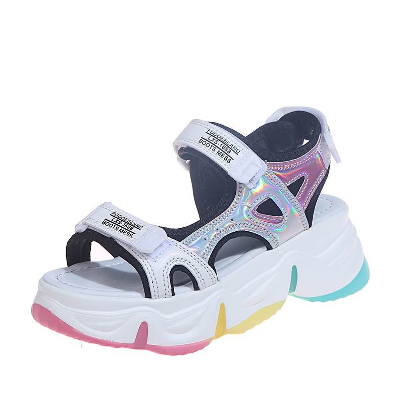 

2020 Summer New Sandals Female Platform Flats for Women Korean Version of The Wild Rhinestone Rainbow Sandals Womens Shoes, White