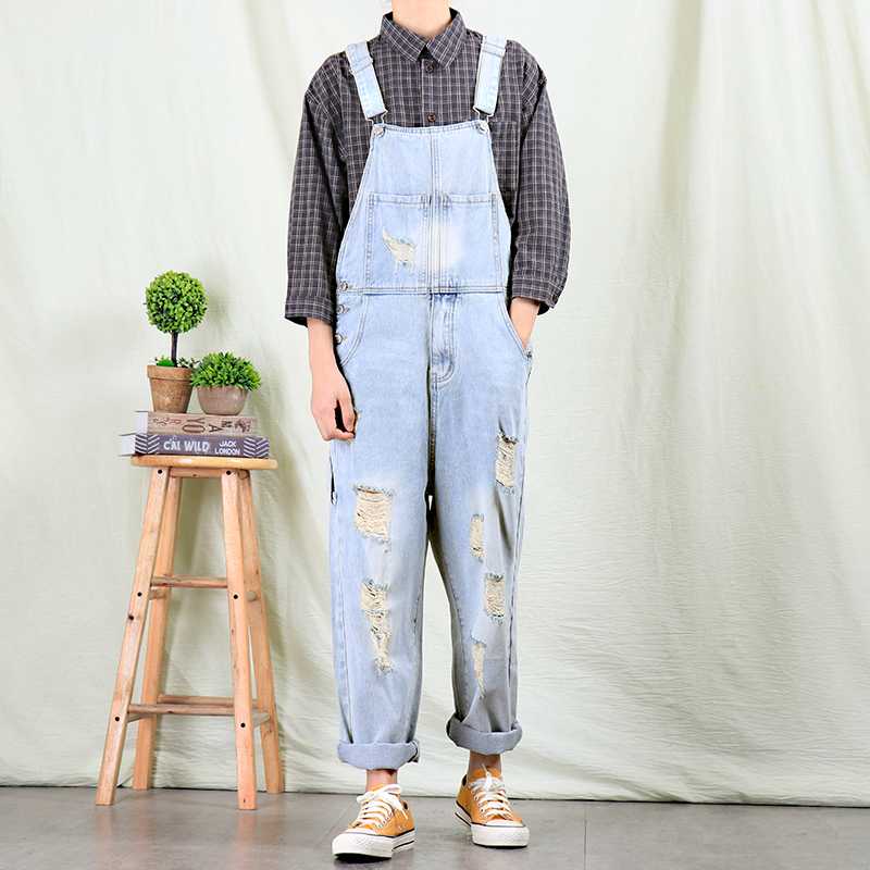 

Jeans Men Men' Straight Overalls jeans Men' Suspenders Loose Holes light blue Size -XXL