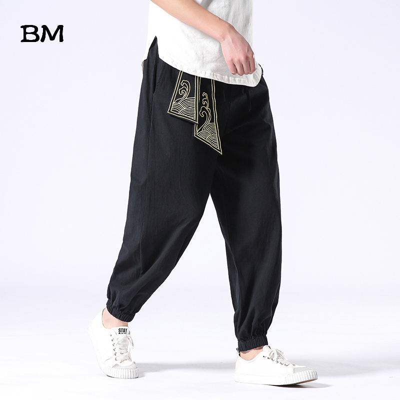 

Spring Summer Chinese Style Cotton Line Men's Thin Pants Hip Hop Harem Pants Joggers Sweatpants Japanees Streetwear Trousers, Black