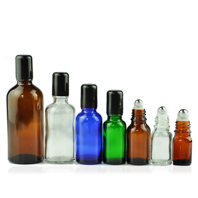 

Roll On Bottle Glass Essential Oil Bottle Refillable Cosmetic Container Stainless Bead Black Plastic Cap 4 Colors Essence Vial