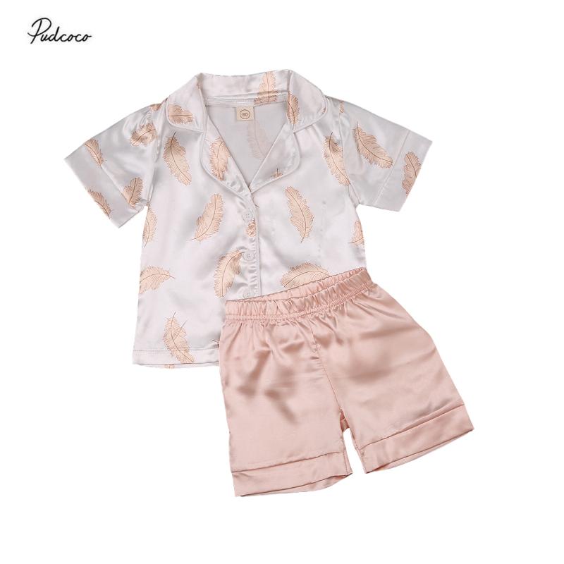 

Kids Pajama Sets Baby Boys Girls Silk Pajamas Sleepwear Outfit Solid Feather Print Shirt + Pants Nightwear Set 2pcs 1-6Y, As pic