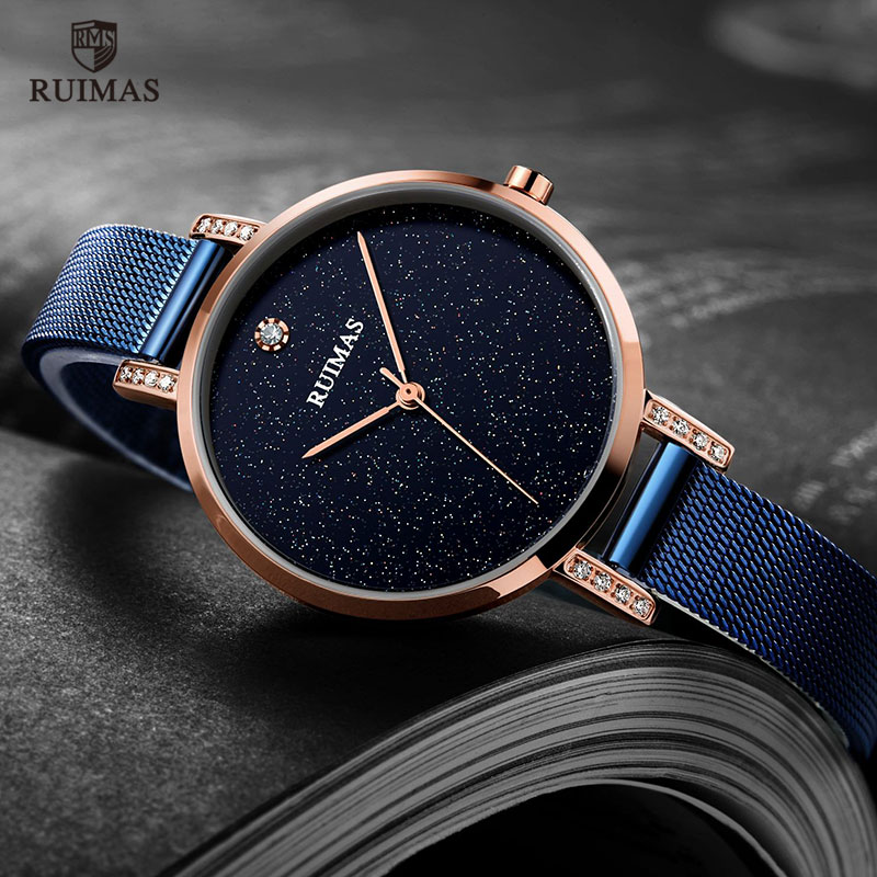 

Ruimas Simple Analogue Dress Women's Watches Stainless Steel Mesh Strap Quartz Wrist Watches Lady Watch, Black
