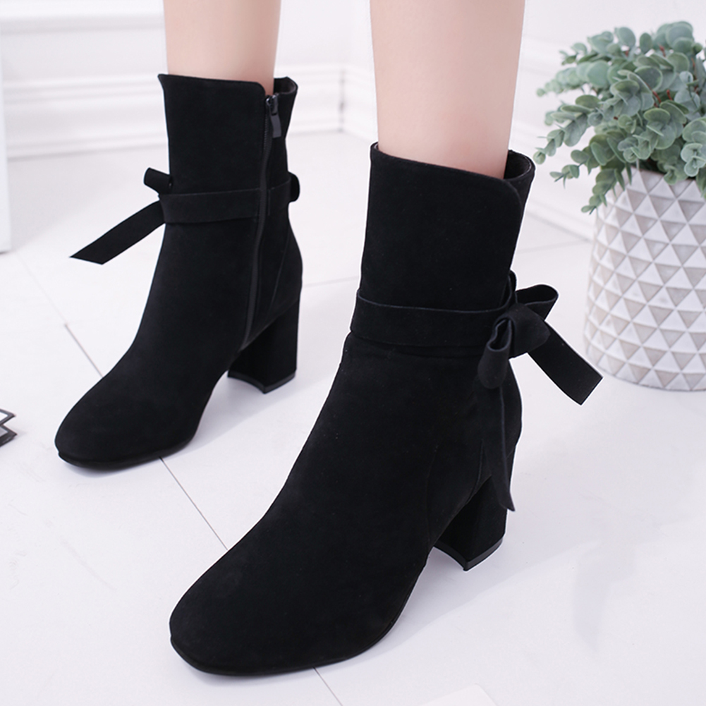 

LAPOLAKA New Elegant Square High Heels 7.5cm Bow Office Lady Women Shoes Woman Ankle Boots Female, Black