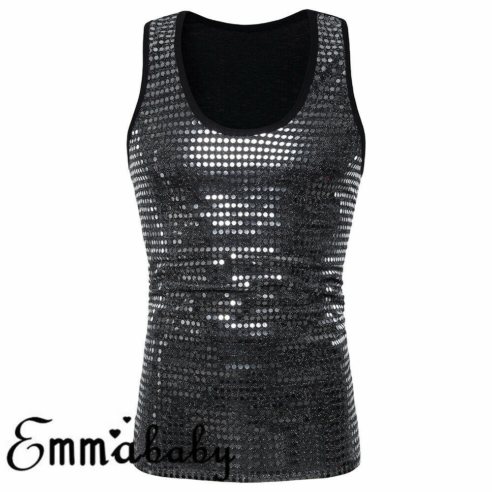 

2019 The Newest Fashion Clothing Suit More Occasion Night Club Men' Sleeveless Tank Top T-Shirt Sequin party dance hall Vest, Black