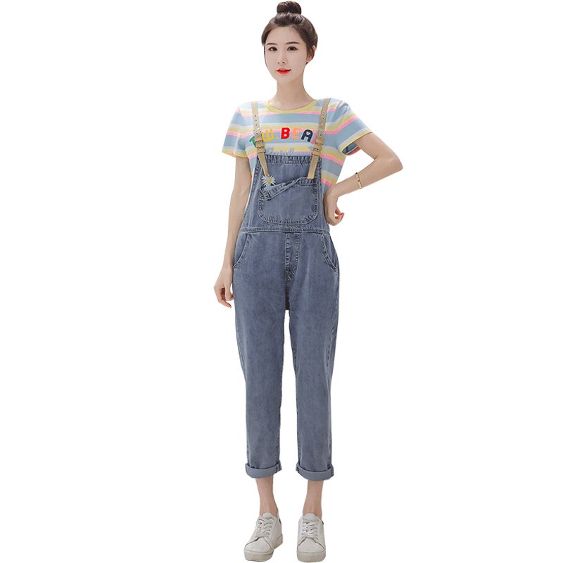 

Harajuku Daisy Embroidered Jeans Women Fashion Denim Overalls Loose High Waist Bib Pants Cotton Vintage Jumpsuit Female Rompers, Blue