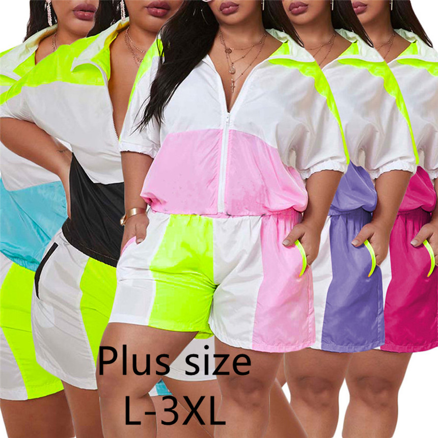 Femmes grande taille Survêtement décontracté 2 pièces ensemble t-shirt à manches courtes + short à panneaux vêtements d'été sport jogger costume