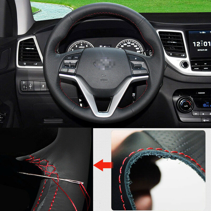 For Hyundai Tucson Steering Wheel Hand-stitch on Wrap Cover Top Black Leather-image-454950672