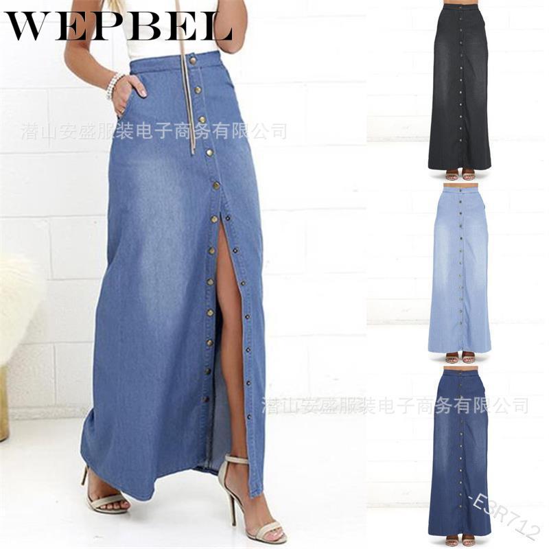 floor length denim skirt