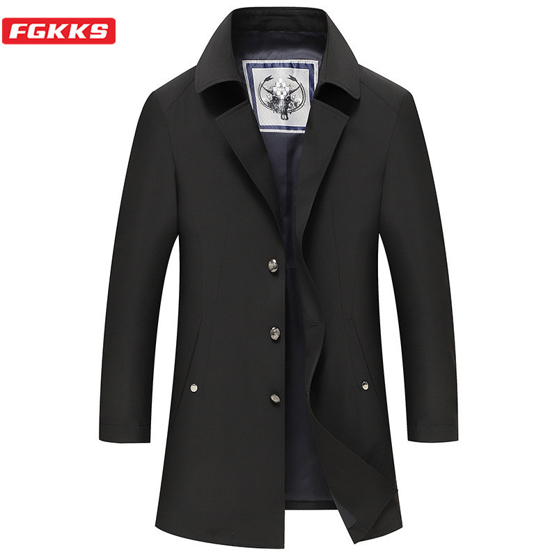 

FGKKS 2020 New Men Trench Coats Men's Solid Color Slim Fit Thin Trench Male Casual Mid-Length Coat Brand Clothing, Blue