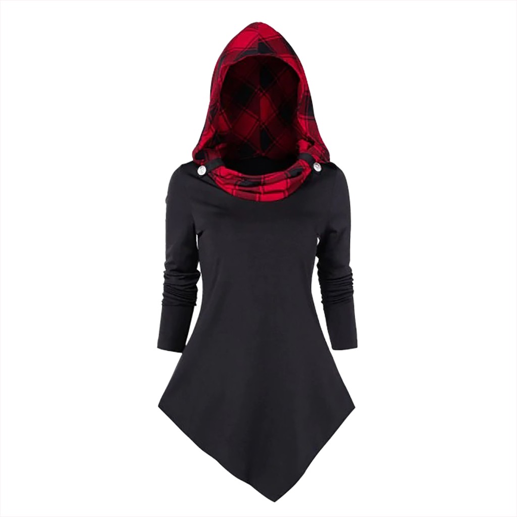 

Cloak Tunic Asymmetric hoodies Checked Panel Plaid Long Sleeve Hooded Casual Tops sport clothes for women sudaderas para mujer, Blue