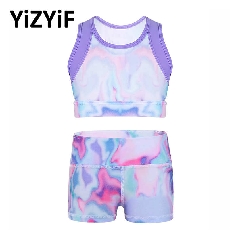

Kids Girls Sport Outfit Stretchy Sleeveless Activewear Tie-Dye Tanks Crop Top With High Waist Shorts Sport Workout Tracksuit Set, Multi