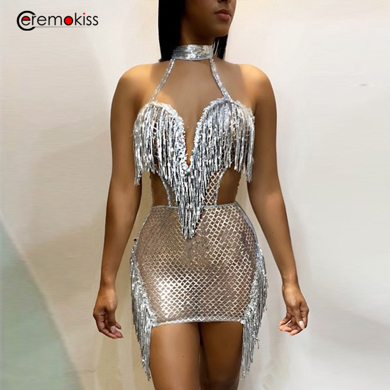 

Ceremokiss Sequin Dress Women 2019 Sexy Night Club Party Dress Halter Lace Tassel Mini Dresses Summer Backless Bodycon Vestidos, Black;gray