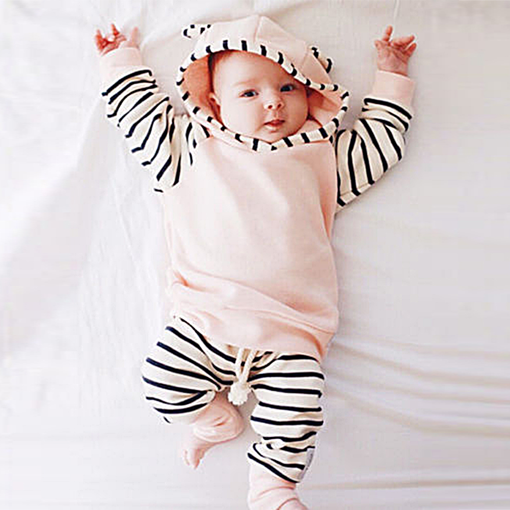 

Girl Pants Hooded Top Fashion Soft Daily Cotton Blend Striped Casual Kids Gift Child Clothing Set, Pink