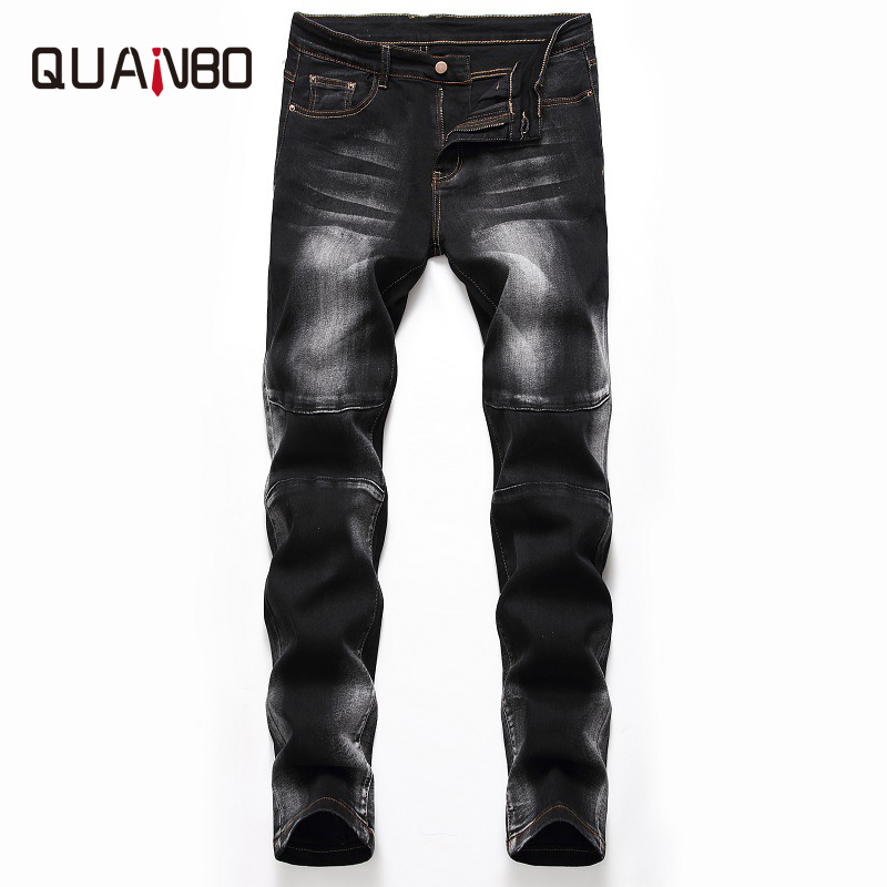 

QUANBO 2020 Autumn Winter New Balck Jeans Men Wash Ground White Elastic Slim Fit Straight Jeans High Quality Plus Size 42, Black 908